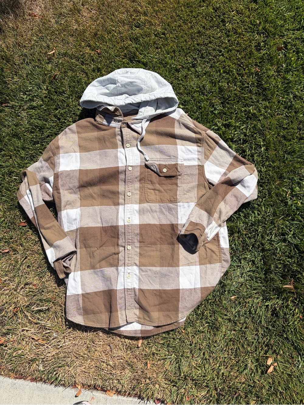 American Eagle Outfitters Brown and White Plaid Button-Down Shirt with Hood